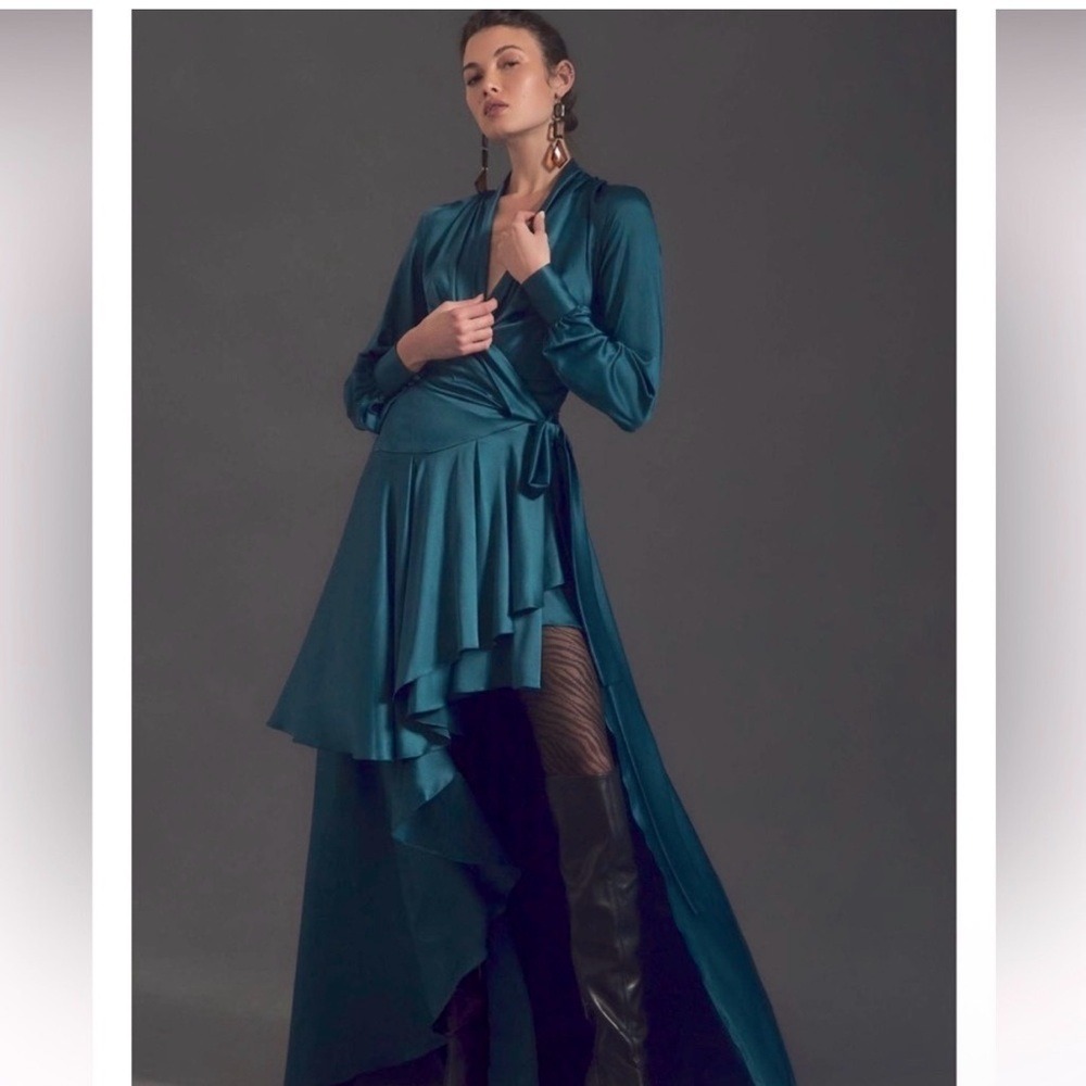 PatBO Teal Satin Asymmetrical Wrap Dress High Low Formal Evening Sz 10